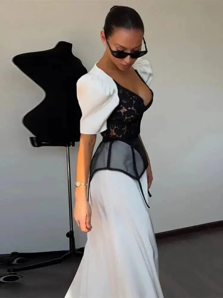Lace Trim Satin Peplum Midi Dress Deep V-Neck Puff Sleeve A-Line 2026 Spring Summer Chic Elegant Romantic Women Cocktail Dress by Dropshipman