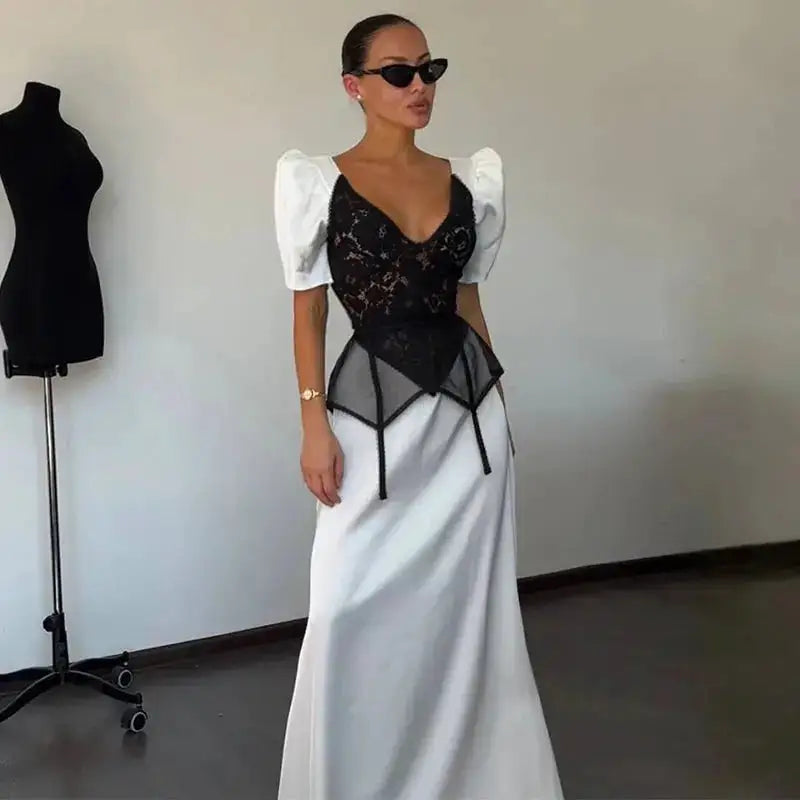 Lace Trim Satin Peplum Midi Dress Deep V-Neck Puff Sleeve A-Line 2026 Spring Summer Chic Elegant Romantic Women Cocktail Dress by Dropshipman