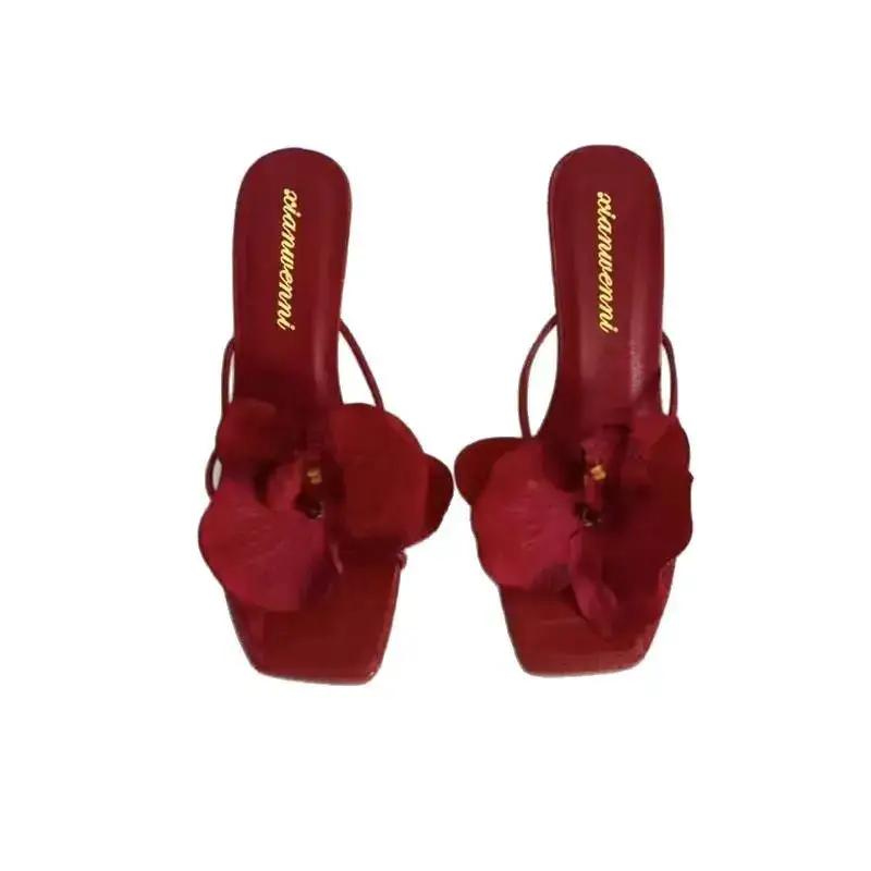 Trendy Travel Beach Sandals European and American Style 2026 New Floral Decoration Thong High-Heeled Sandals for Women Summer Outdoor Wear Fashion by Dropshipman