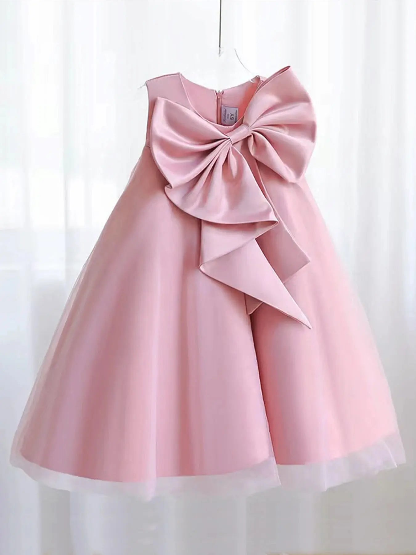 Pink big bow girl dress for birthday, wedding, flower girl, communion, and washing occasions, by SHOPEZRA L.L.C.