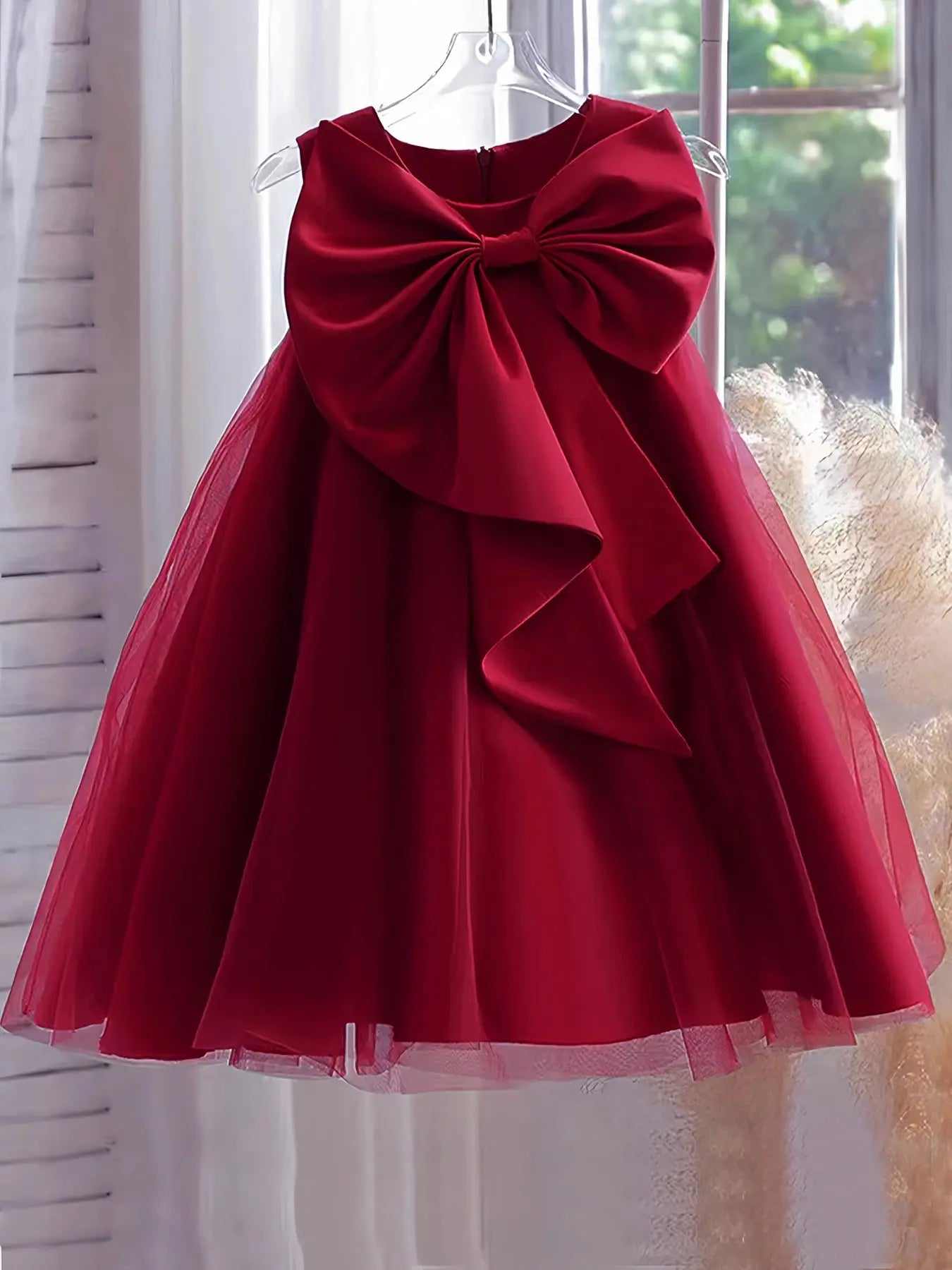 Pink big bow girl dress by SHOPEZRA L.L.C. for birthday parties, weddings, flower girl, and communion events, with a washing option.