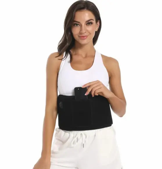 Woman wearing LED infrared therapy belt for soothing relief and wellness.