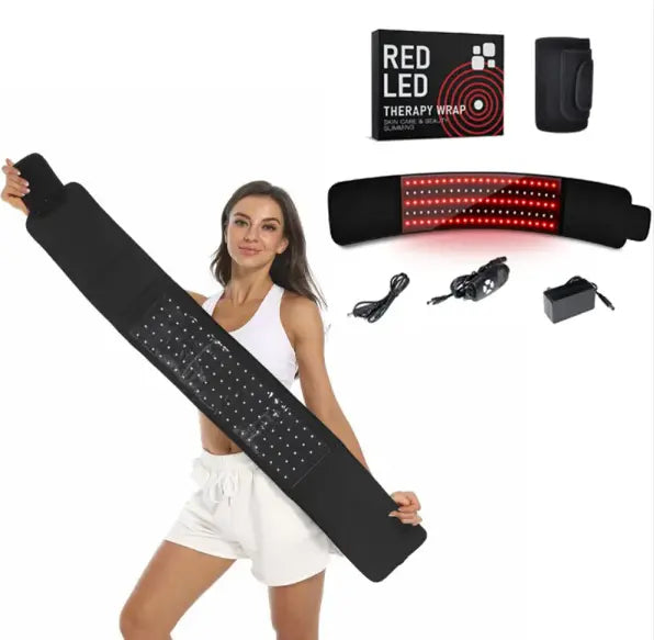 Woman demonstrating LED infrared therapy belt with LED lights and accessories for pain relief and wellness.