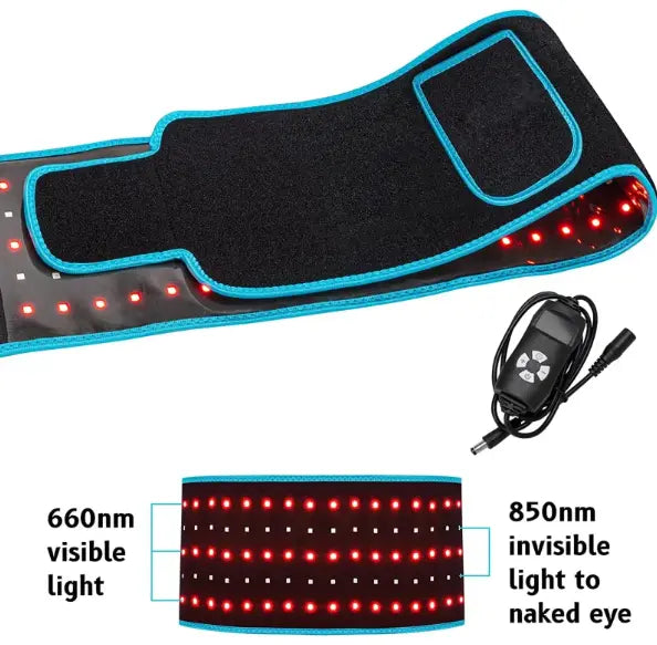 Pink LED infrared belt therapy device by SHOPEZRA L.L.C. designed for pain relief and muscle relaxation.