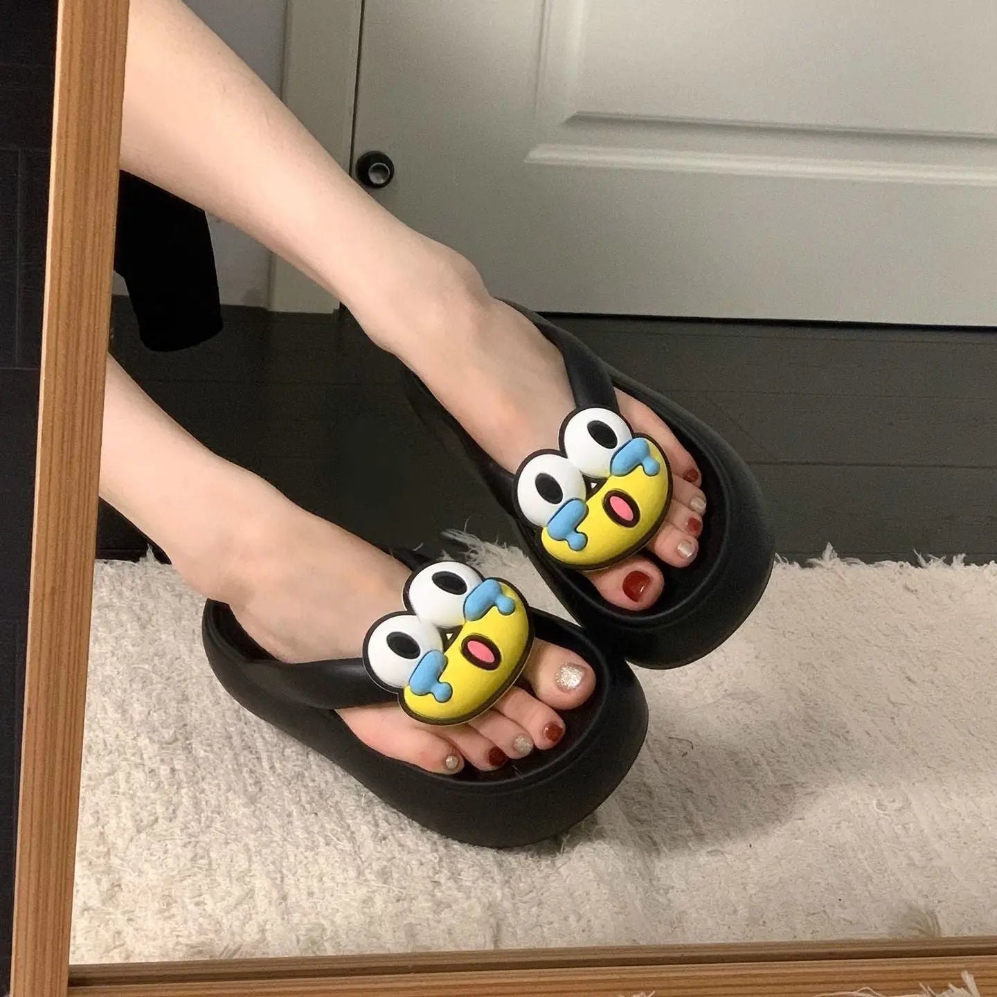 Pink cartoon cute flip-flops for women, summer beach sandals by SHOPEZRA L.L.C., with thick soles and non-slip design