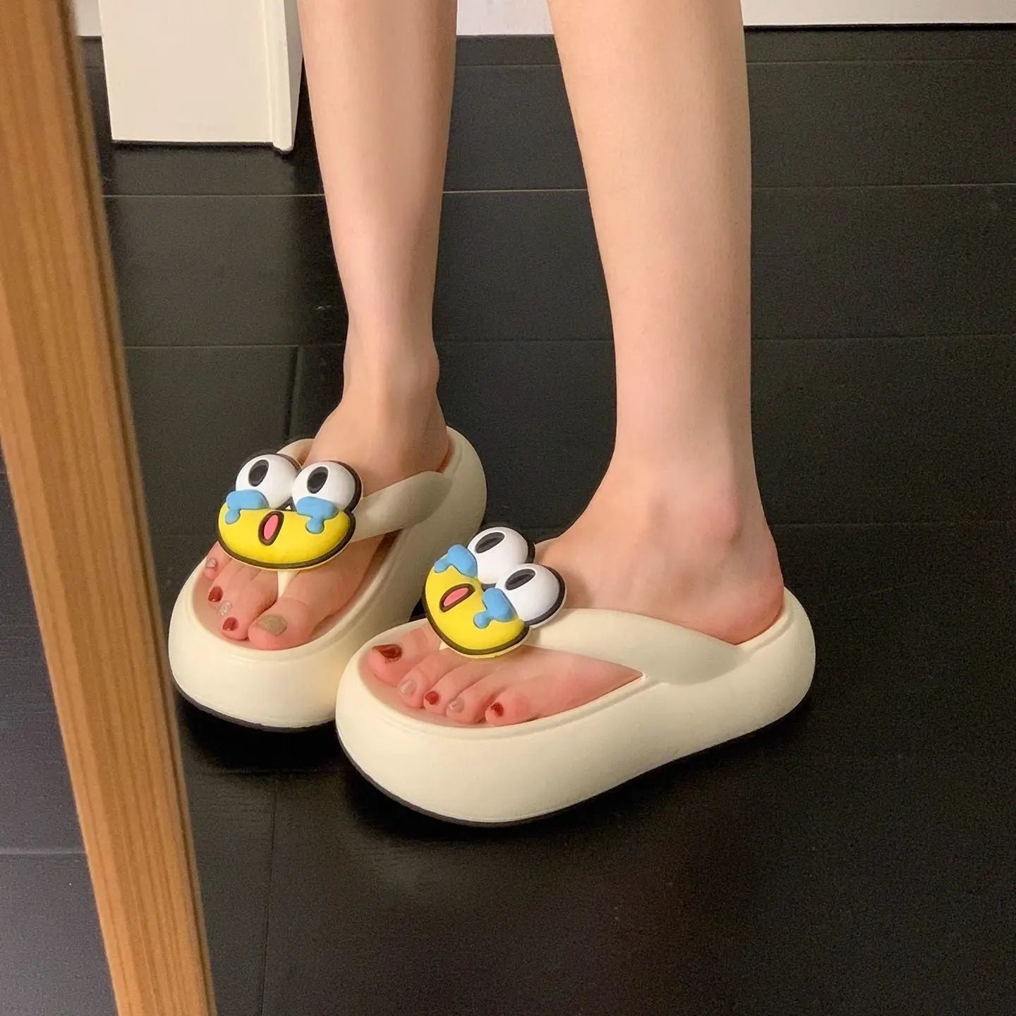 Pink cartoon cute flip-flops for women by SHOPEZRA L.L.C., summer beach sandals with thick non-slip soles and playful accessories.