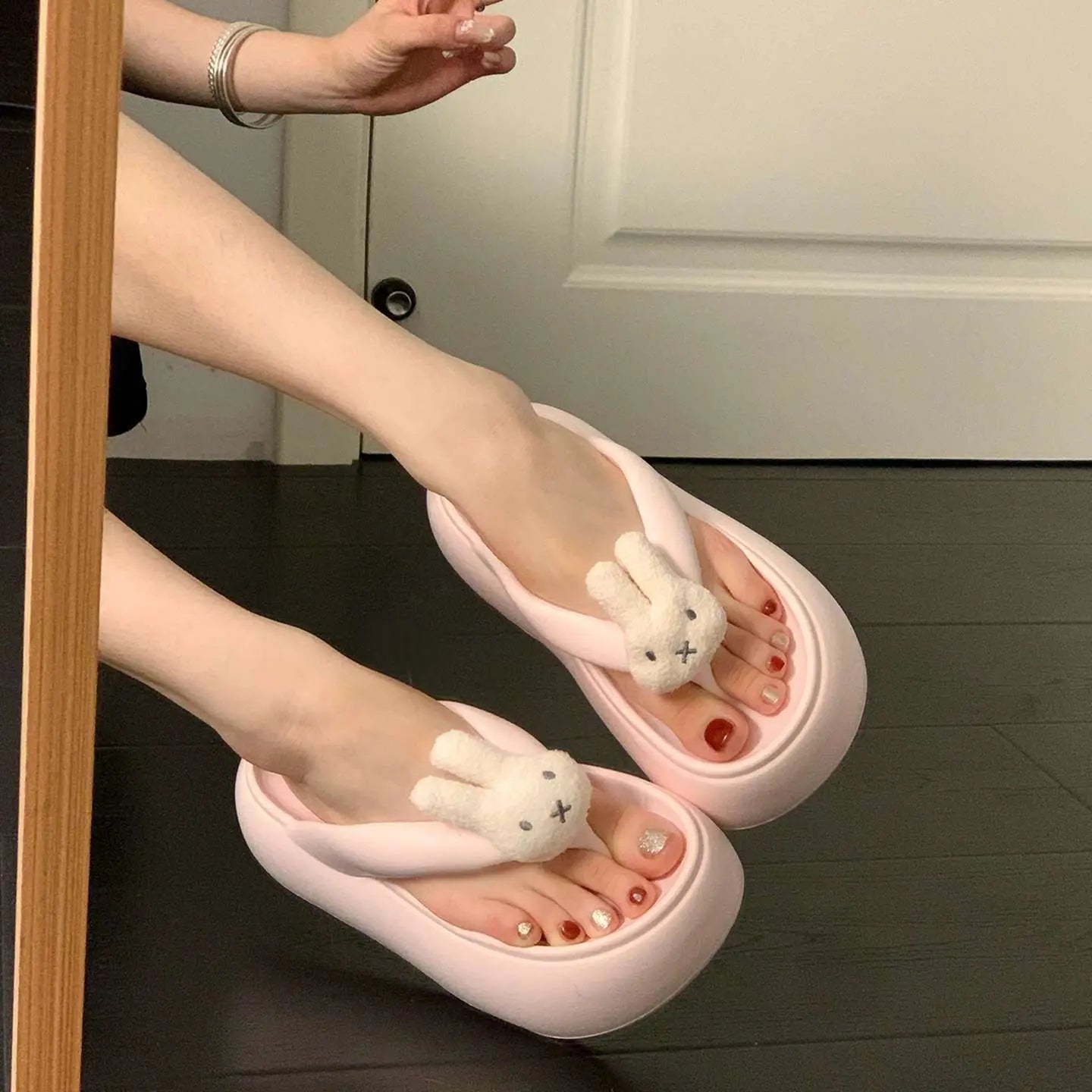 Pink cartoon cute thick-soled flip-flops for women by Shopezra L.L.C., summer 2026 model, soft, comfortable thong sandals with height boost