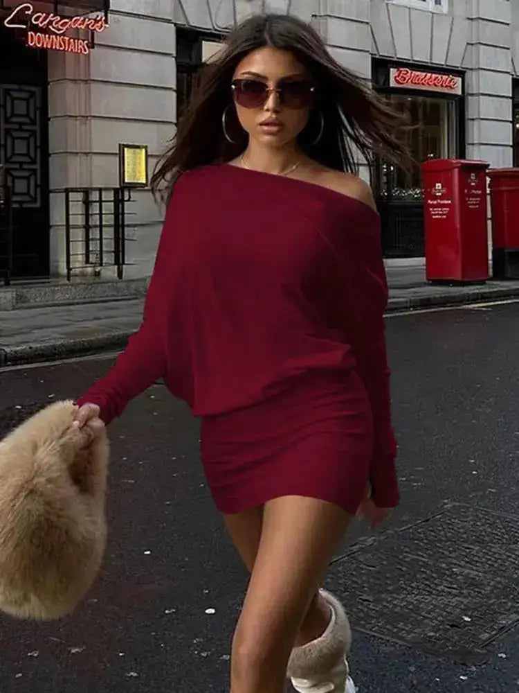 Dulzura Sexy Long Sleeve Mini Dress Oblique Shoulder Solid Simple Dresses Party Club Birthday Vacation Date Y2K Women Clothes by Dropshipman