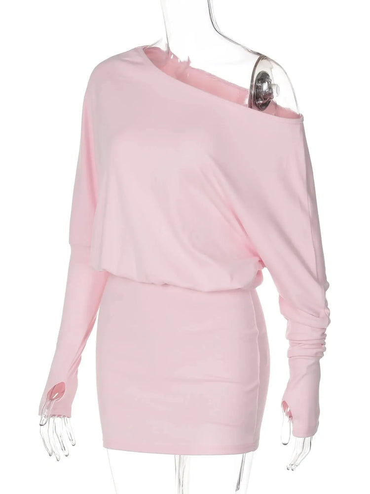 Dulzura Sexy Long Sleeve Mini Dress Oblique Shoulder Solid Simple Dresses Party Club Birthday Vacation Date Y2K Women Clothes SHOPEZRA L.L.C.