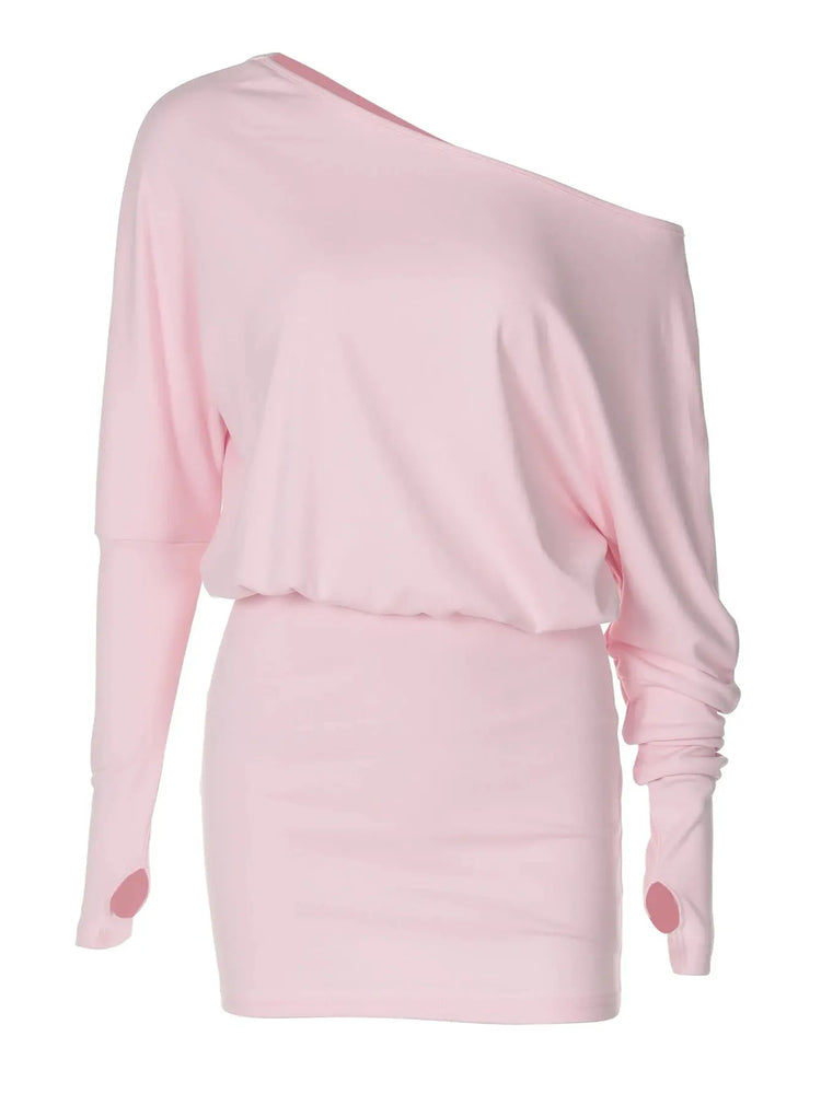 Dulzura Sexy Long Sleeve Mini Dress Oblique Shoulder Solid Simple Dresses Party Club Birthday Vacation Date Y2K Women Clothes SHOPEZRA L.L.C.