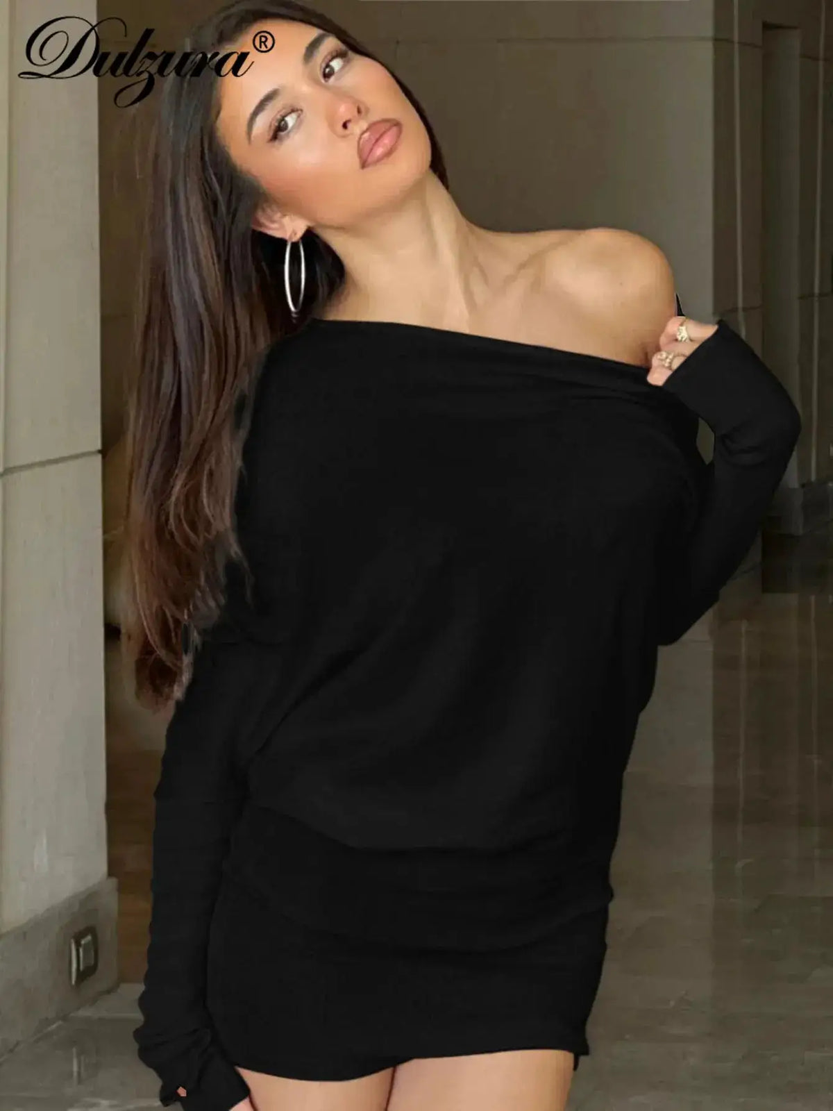 Dulzura Sexy Long Sleeve Mini Dress Oblique Shoulder Solid Simple Dresses Party Club Birthday Vacation Date Y2K Women Clothes by Dropshipman