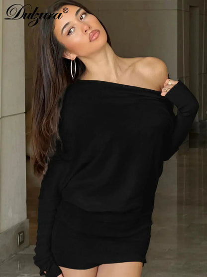 Dulzura Sexy Long Sleeve Mini Dress Oblique Shoulder Solid Simple Dresses Party Club Birthday Vacation Date Y2K Women Clothes by Dropshipman