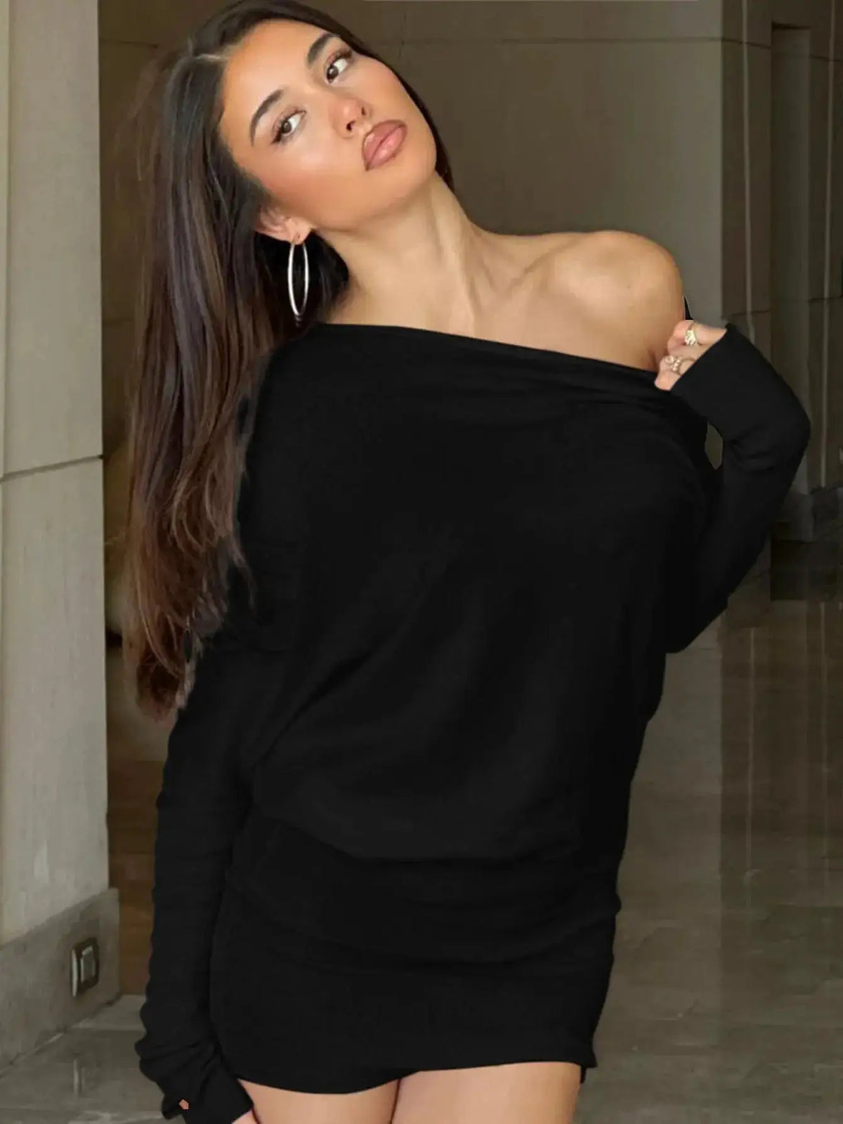 Dulzura Sexy Long Sleeve Mini Dress Oblique Shoulder Solid Simple Dresses Party Club Birthday Vacation Date Y2K Women Clothes by Dropshipman