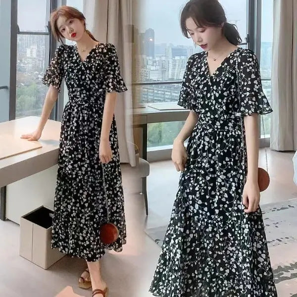 Pink 2024 summer plus size chiffon dress for women, loose fit, long, slimming, belly covering, versatile for all occasions.