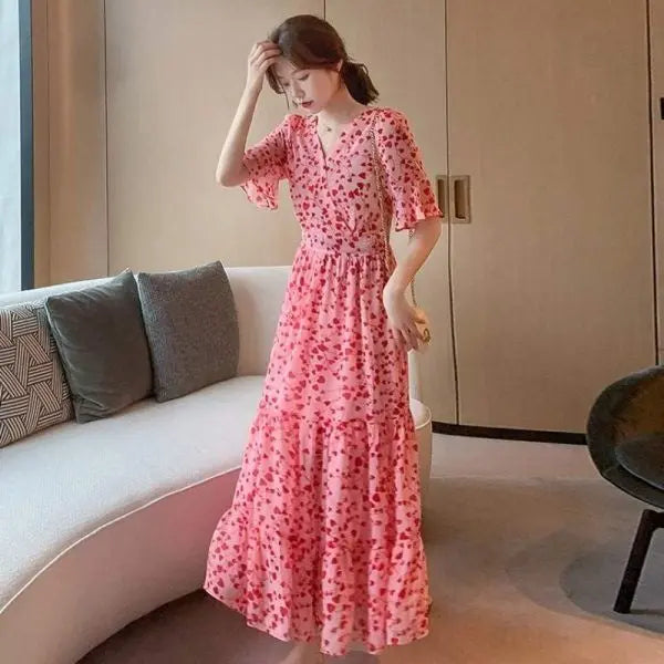 Pink 2024 summer plus size chiffon long dress for women, loose fit, slimming, belly covering, all-match casual style by SHOPEZRA L.L.C.