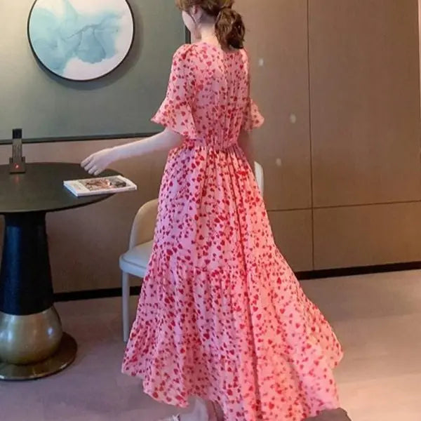 Pink plus size summer dress for women, loose chiffon long dress with slimming fit and belly coverage, all-match style by SHOPEZRA L.L.C.