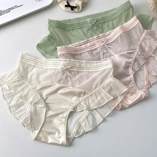 Neue Empfehlung: Reizvolle, reinweiße, transparente Damenunterwäsche aus Spitze, Netzstoff und Rüschen, atmungsaktive Nude-Unterwäsche
