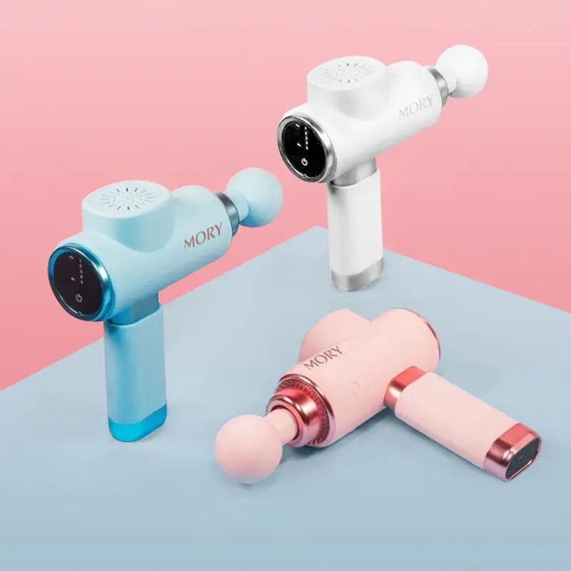 Mory Mini Massage Gun for Women available in pink and white colors on a soft blue surface.