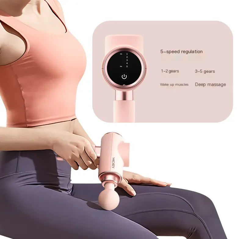 Mory Mini Massage Gun for Women, pink design with 5-speed regulation for deep muscle relaxation.