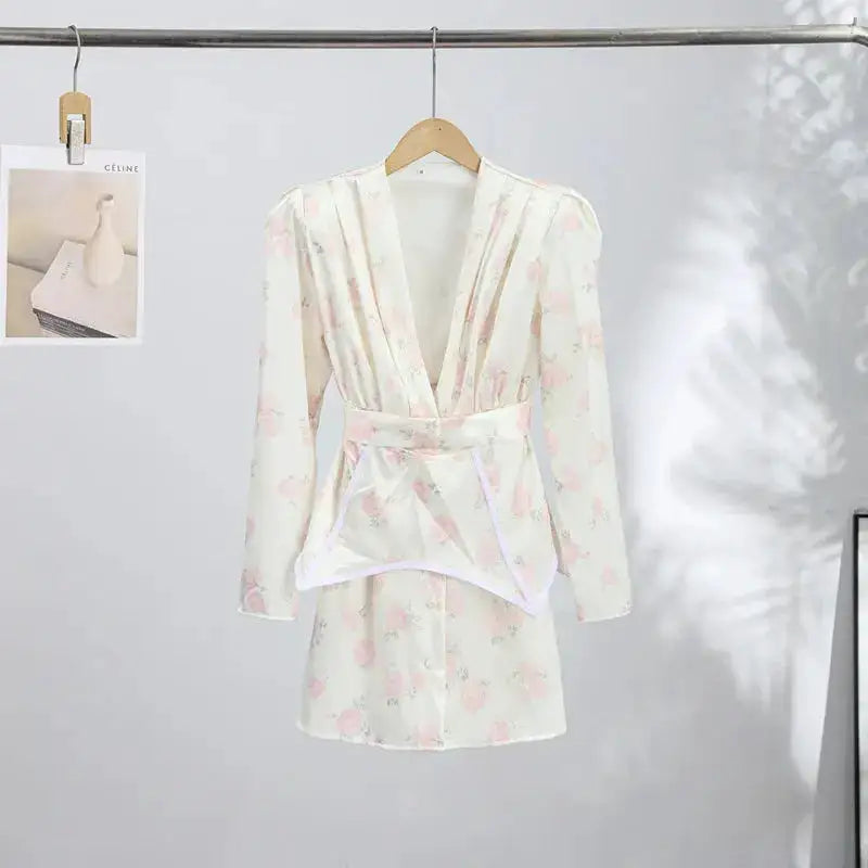 Casual Printed Mini Dress Women Full Sleeve Button V-neck Lady Short Dresses Waist Tape 2026 Spring Summer Female Robe Beach by Dropshipman