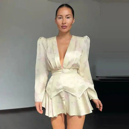 Casual Printed Mini Dress Women Full Sleeve Button V-neck Lady Short Dresses Waist Tape 2026 Spring Summer Female Robe Beach by Dropshipman