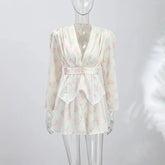 Casual Printed Mini Dress Women Full Sleeve Button V-neck Lady Short Dresses Waist Tape 2026 Spring Summer Female Robe Beach SHOPEZRA L.L.C.
