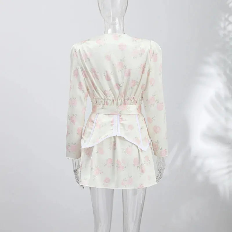 Casual Printed Mini Dress Women Full Sleeve Button V-neck Lady Short Dresses Waist Tape 2026 Spring Summer Female Robe Beach SHOPEZRA L.L.C.