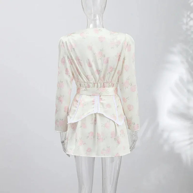 Casual Printed Mini Dress Women Full Sleeve Button V-neck Lady Short Dresses Waist Tape 2026 Spring Summer Female Robe Beach SHOPEZRA L.L.C.