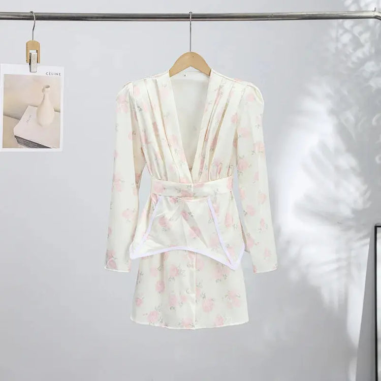 Casual Printed Mini Dress Women Full Sleeve Button V-neck Lady Short Dresses Waist Tape 2026 Spring Summer Female Robe Beach SHOPEZRA L.L.C.