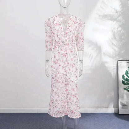 Casual Printed Mini Dress Women Full Sleeve Button V-neck Lady Short Dresses Waist Tape 2026 Spring Summer Female Robe Beach by Dropshipman