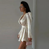 Casual Printed Mini Dress Women Full Sleeve Button V-neck Lady Short Dresses Waist Tape 2026 Spring Summer Female Robe Beach SHOPEZRA L.L.C.