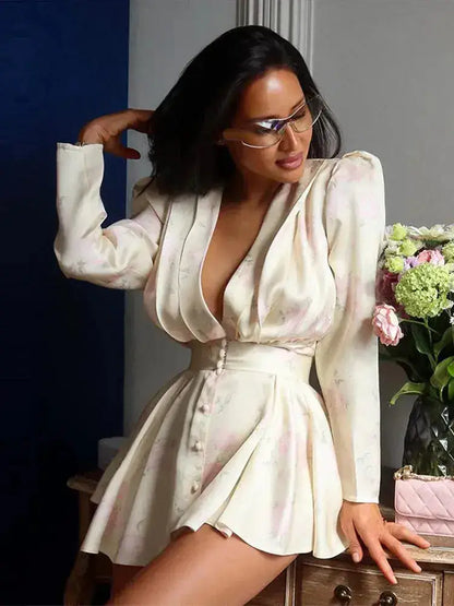 Casual Printed Mini Dress Women Full Sleeve Button V-neck Lady Short Dresses Waist Tape 2026 Spring Summer Female Robe Beach by Dropshipman