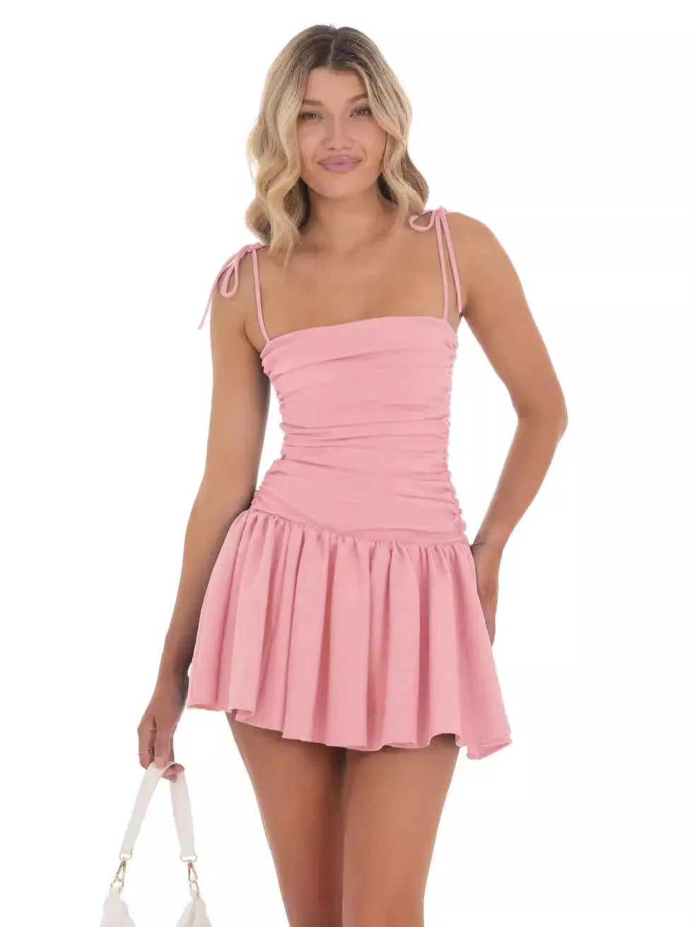 Pink women's summer lace pleated short dress by SHOPEZRA L.L.C., fashionable European and American style for 2024.