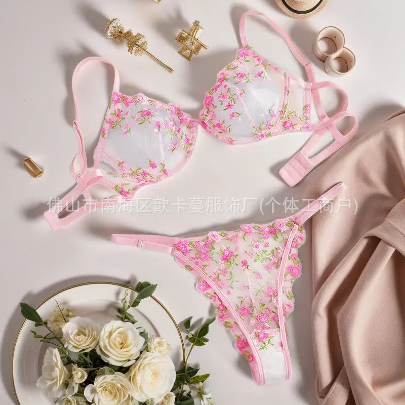 Pink transparent mesh sexy underwear set by SHOPEZRA L.L.C., featuring steel accents and cross-border European and U.S. design.