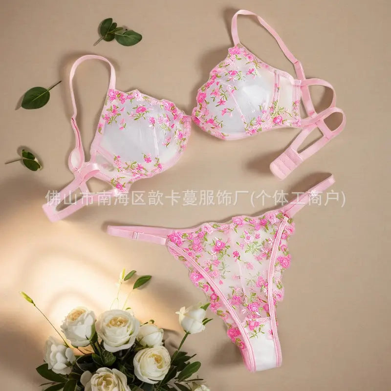 Pink steel mesh lingerie set by SHOPEZRA L.L.C., featuring transparent, sexy underwear with European and U.S. cross-border design.