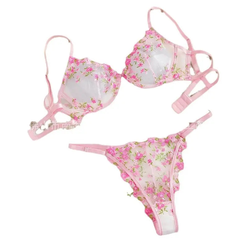 Pink transparent mesh lingerie set by SHOPEZRA L.L.C. featuring cross-border European and U.S. style, high-quality sexy underwear.