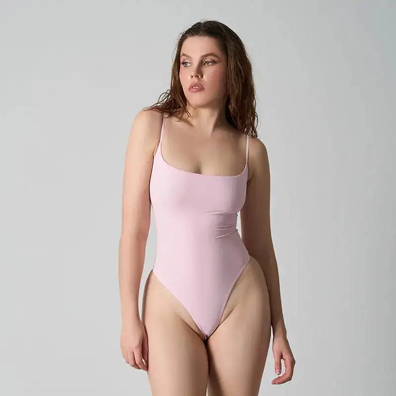 Sk*M Kardashian Cami Thong Bodysuit Double-Layer Jumpsuit High-Elastic Belly-Control Bottoming Triangle Jumpsuit by Dropshipman