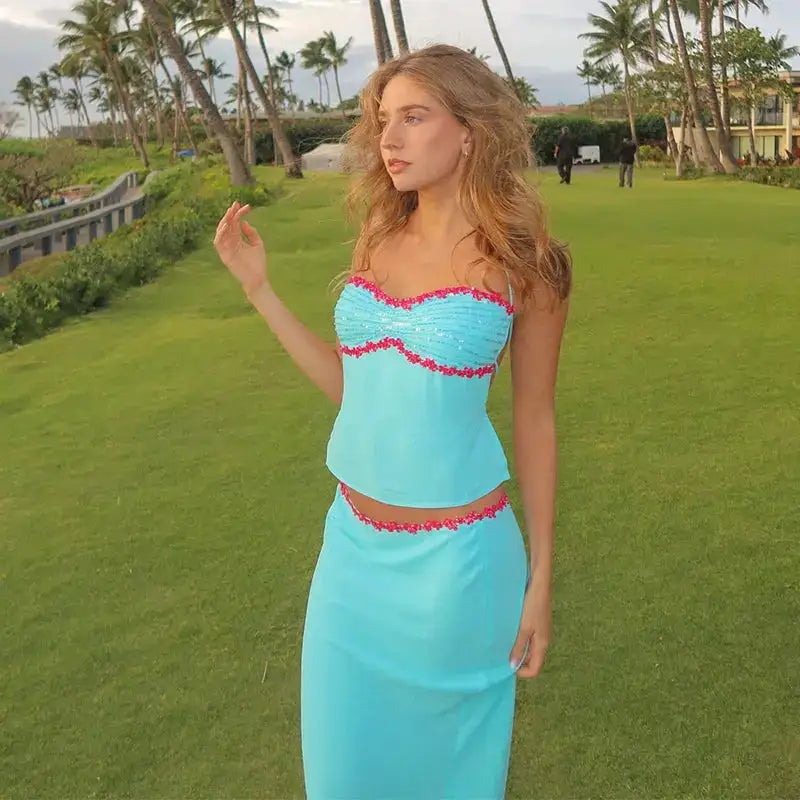 2 Piece Skirt Set Sequin Trim Halter Crop Top Maxi Skirt 2026 Spring Summer Y2K Night Out Clubwear Party Bodycon Co-ord Outfit by Dropshipman
