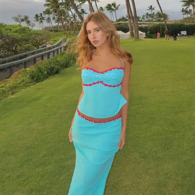 2 Piece Skirt Set Sequin Trim Halter Crop Top Maxi Skirt 2026 Spring Summer Y2K Night Out Clubwear Party Bodycon Co-ord Outfit by Dropshipman
