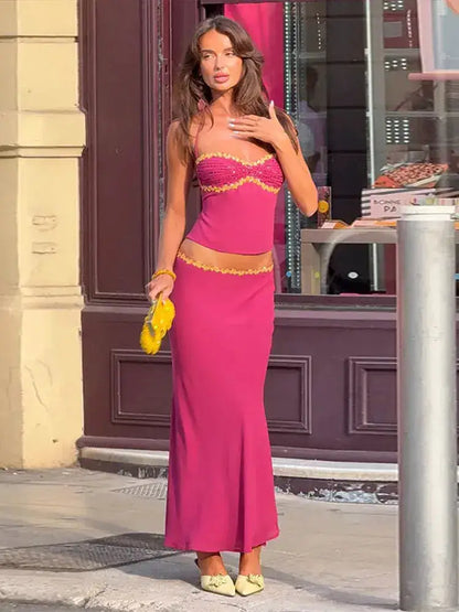 2 Piece Skirt Set Sequin Trim Halter Crop Top Maxi Skirt 2026 Spring Summer Y2K Night Out Clubwear Party Bodycon Co-ord Outfit by Dropshipman