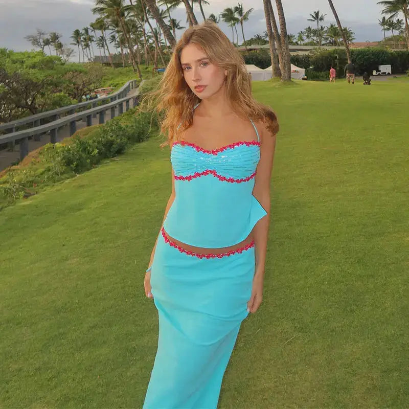 2 Piece Skirt Set Sequin Trim Halter Crop Top Maxi Skirt 2026 Spring Summer Y2K Night Out Clubwear Party Bodycon Co-ord Outfit SHOPEZRA L.L.C.
