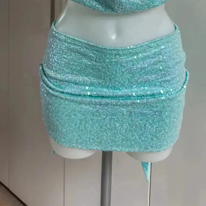 2 Piece Skirt Set Sequin Trim Halter Crop Top Maxi Skirt 2026 Spring Summer Y2K Night Out Clubwear Party Bodycon Co-ord Outfit by Dropshipman