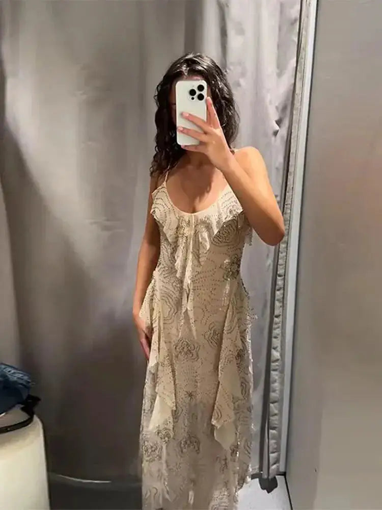 Bead Embroidery Sequin Ruffle Women Dress Sleeveless Backless Strap Sexy Evening Dresses 2025 Summer Party Holiday Street Robe by Dropshipman