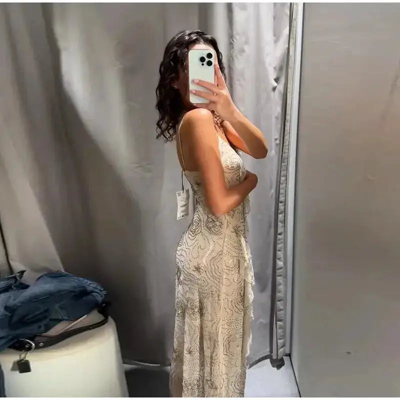 Bead Embroidery Sequin Ruffle Women Dress Sleeveless Backless Strap Sexy Evening Dresses 2025 Summer Party Holiday Street Robe by Dropshipman