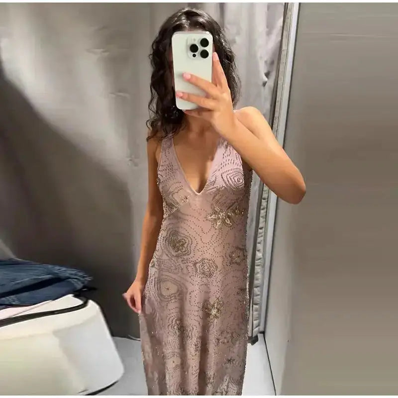 Bead Embroidery Sequin Ruffle Women Dress Sleeveless Backless Strap Sexy Evening Dresses 2025 Summer Party Holiday Street Robe by Dropshipman