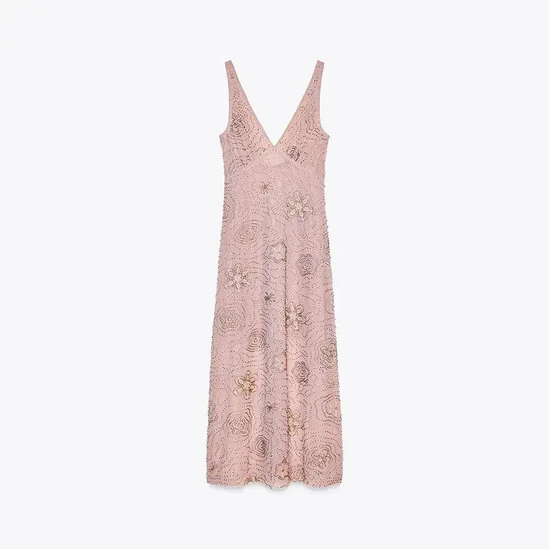 Pink sleeveless backless women’s dress with bead embroidery, sequins, ruffle details, perfect for summer parties and evening events.