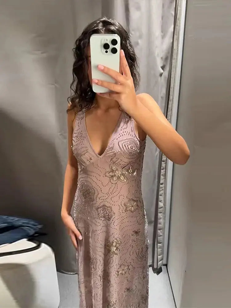 Pink sleeveless beaded embroidery and sequin ruffle women’s backless dress by SHOPEZRA L.L.C. for summer parties and holiday occasions.