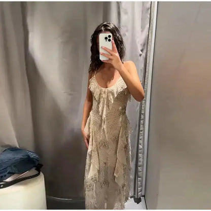 Bead Embroidery Sequin Ruffle Women Dress Sleeveless Backless Strap Sexy Evening Dresses 2025 Summer Party Holiday Street Robe by Dropshipman