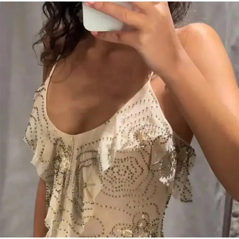 Bead Embroidery Sequin Ruffle Women Dress Sleeveless Backless Strap Sexy Evening Dresses 2025 Summer Party Holiday Street Robe by Dropshipman