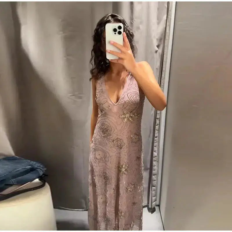 Bead Embroidery Sequin Ruffle Women Dress Sleeveless Backless Strap Sexy Evening Dresses 2025 Summer Party Holiday Street Robe by Dropshipman